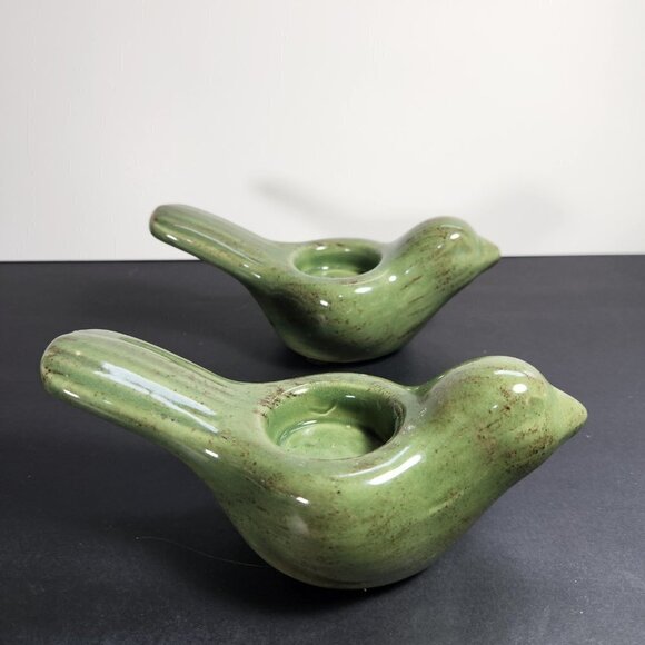 Ceramic Bird Candle Holder Tea Light Jade Green with Flecks of Brown Set Of 2 - Picture 6 of 9